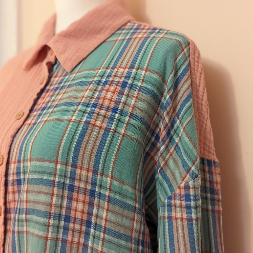Pastel 100% cotton colour block plaid shirt button collared down oversized small - Picture 13 of 16